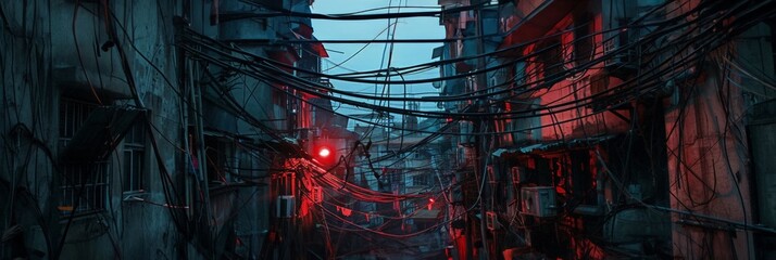 Futuristic slum tangled wires dim street lights claustrophobic alleyway shot - obrazy, fototapety, plakaty