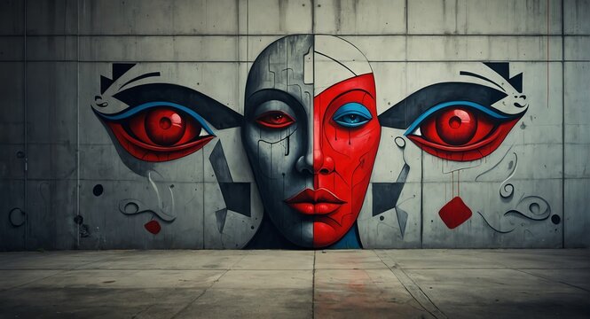 Concrete walls with red faces expressionist designs artistic abstract graffiti drawings, front view from Generative AI