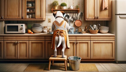 a humorous scene of a dog from the back, wearing an apron and standing on a stool, diligently washing dishes in a sink - obrazy, fototapety, plakaty