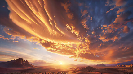 sunset over the desert with dramatic Lenticular clouds - obrazy, fototapety, plakaty