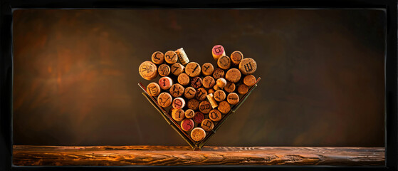 A heart made out of wine corks on a table top with a b - obrazy, fototapety, plakaty