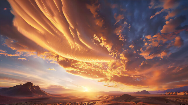 sunset over the desert with dramatic Lenticular clouds