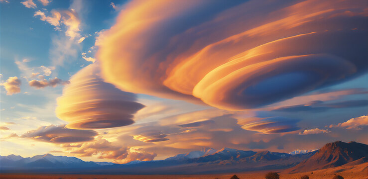 sunrise over the desert with dramatic Lenticular clouds