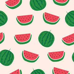Adorable Watermelon Fruit Hand Drawn Seamless Pattern - Fresh Summer Fruit Vector Illustration for Decorative Invitation, Greeting Card, Birthday, Party, Celebration, Wedding, and Kitchen Textiles