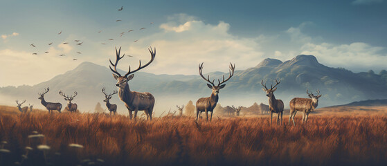 Fototapeta na wymiar A herd of deer standing on top of a grass covered fiel