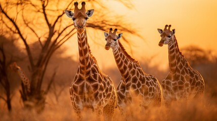 Close up of giraffe group with golden savanna background