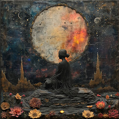 3D picture, in the center there is an image of a woman in black sitting in the lotus position against the backdrop of a huge moon surrounded by lotus flowers  in a Gothic style