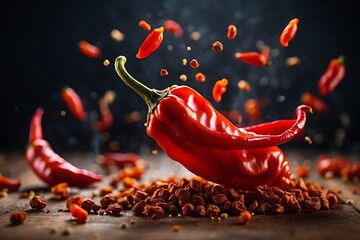 Red hot chili peppers with flying powder on wooden table over dark background - obrazy, fototapety, plakaty