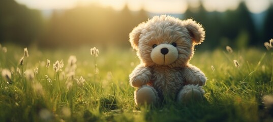 plush bear sitting on green grass, illuminated by the rays of the sun, copy space for text - obrazy, fototapety, plakaty
