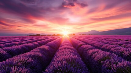 Stunning landscape with lavender field at sunset. copy space for text.