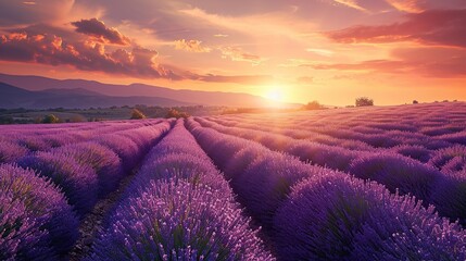 Stunning landscape with lavender field at sunset. copy space for text. - obrazy, fototapety, plakaty