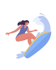 Young girl riding surfboard. Active female character in swimwear surfing ocean wave. Summer, sport recreation, sea leisure hobby