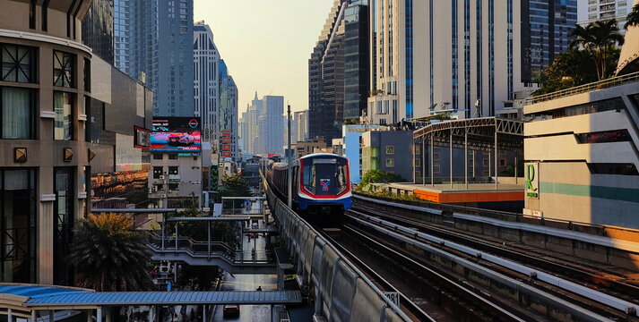 View of a BTS train on the Sukhumvit Line (Green Line) on March 14, 2024 in Thai capital Bangkok