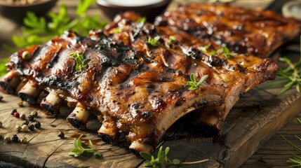 Grilled ribs on cutting board. Indulge in the smoky goodness of these grilled ribs, a true masterpiece of barbecue. - obrazy, fototapety, plakaty