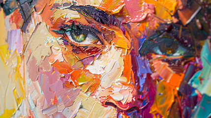Fragment Oil portrait painting in multicolored tones.