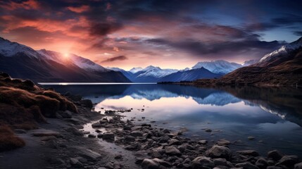 A beautiful sunset over a lake and mountains - obrazy, fototapety, plakaty