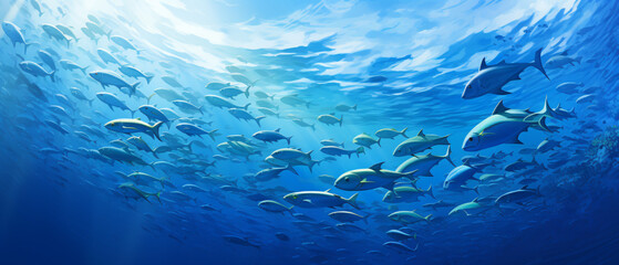 Fototapeta na wymiar A large group of fish swimming in the ocean together i