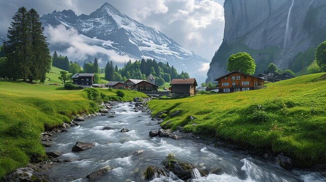 Swiss landscape with river stream and houses. copy space for text. Image of beautiful nature