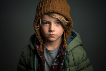 Portrait of a cute little boy in a warm jacket and hat.
