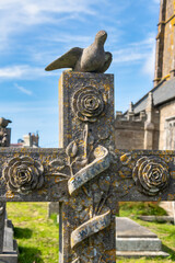 Schönes altes Kreuz mit einer Taube auf einem alten Friedhof in Cornwall 
