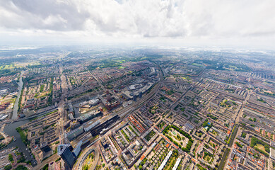 The Hague, Netherlands. Panorama of the summer city in clouds weather. HEAD OVER SHOT. Aerial view