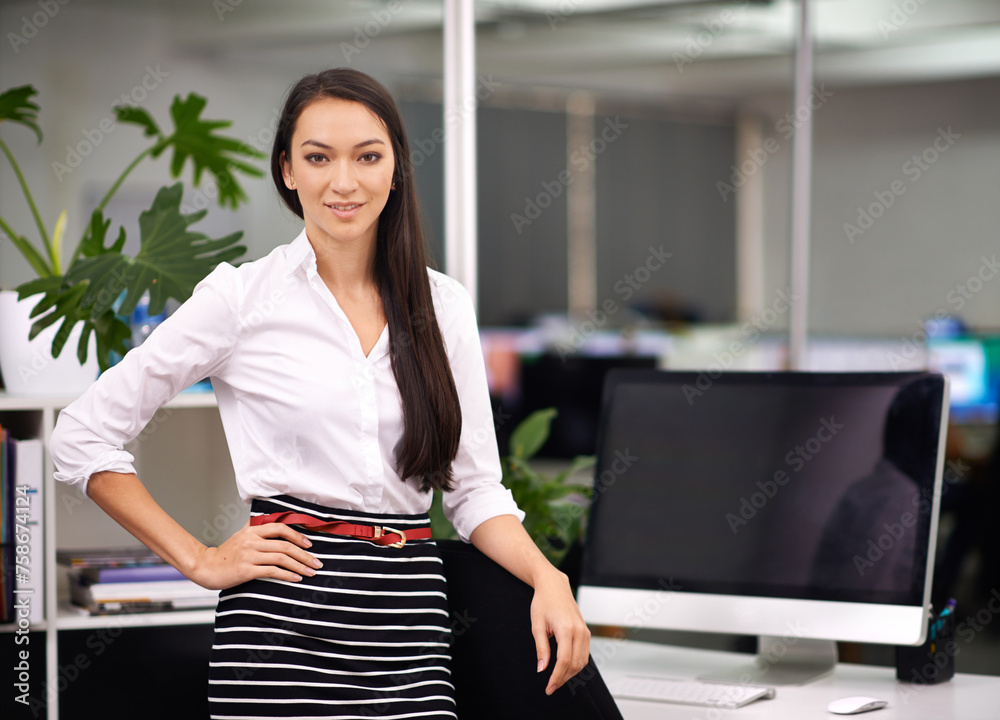 Aufkleber Portrait, computer screen and businesswoman with confidence in office and technology for productivity. Happy, face and web developer with job satisfaction, connection and software update in company