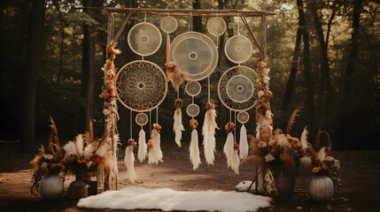 In the middle of the forest, a boho-style wedding photo zone has been created with magical dream catchers and a composition of flowers. Soft vintage filter - obrazy, fototapety, plakaty