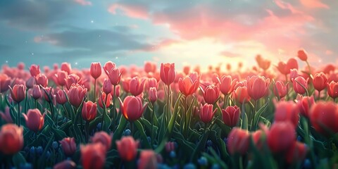 Tranquil field of tulips under the warm glow of a sunset sky creating a serene landscape - obrazy, fototapety, plakaty