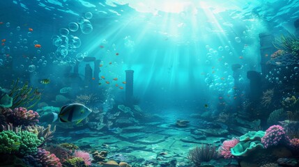 Sunken city with glowing corals turquoise water bubbles fish schools wide-angle view