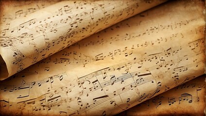 Antique music sheets tell a story of times past, with musical notes and symbols scattered artistically - obrazy, fototapety, plakaty