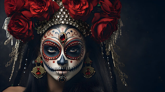 Day of the dead portrait of young woman with painted skull on face, precious jewelry and wreath of red roses on dark background isolated
