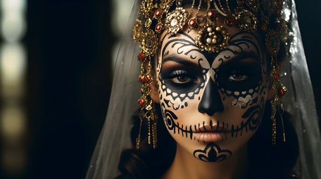 Portrait of young bride woman with painted skull on face, precious jewelry and Veil on Day of the Dead on dark background