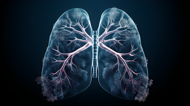 Human lungs and bronchi in x-ray view on a dark isolated background. Bronchial tree on an X-ray image