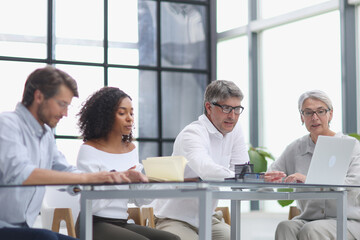 Serious team of professionals, business people negotiating in modern boardroom