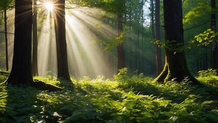 Morning in the green forest with sunbeams and rays of light