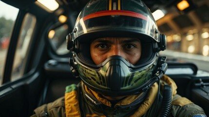 A man in a helmet and a military uniform sitting in a car. Generative AI.