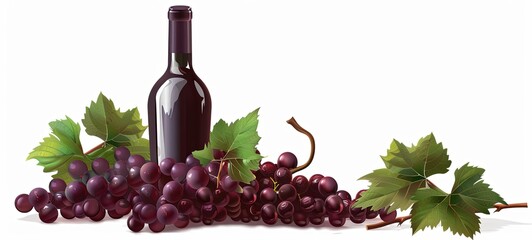 A bottle of red wine with ripe grapes and green grape leaves on a white background. no text on labels. generative ai - obrazy, fototapety, plakaty