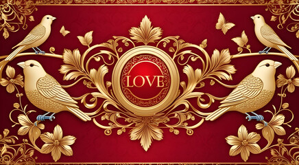 Vintage red background with ornamental love birds, featuring copy space for text. Ideal for Wedding Lover's Day, Love Romance Ornament concept. Perfect for a floral poster or invitation. Decorative.