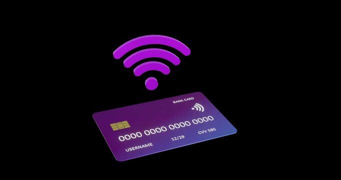 Animation of credit card with data and wifi icon over black background
