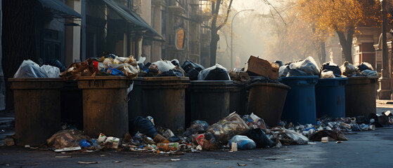 Garbage landfill overflowing trash cans on the street - obrazy, fototapety, plakaty