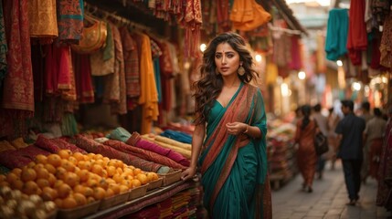 Obraz na płótnie Canvas A woman in a blue sari walking through a market. Generative AI.