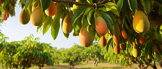 Garden of mango trees plants with fruits 