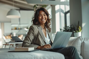 Obraz premium Young woman smiling with laptop, comfortable modern home setting.