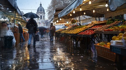 Traditional market on a rainy day