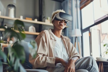 Woman exploring virtual reality, immersed in cutting-edge technology.