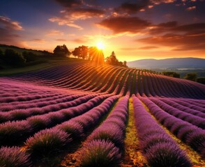 A field of lavender at sunset with the sun setting behind it. Generative AI.