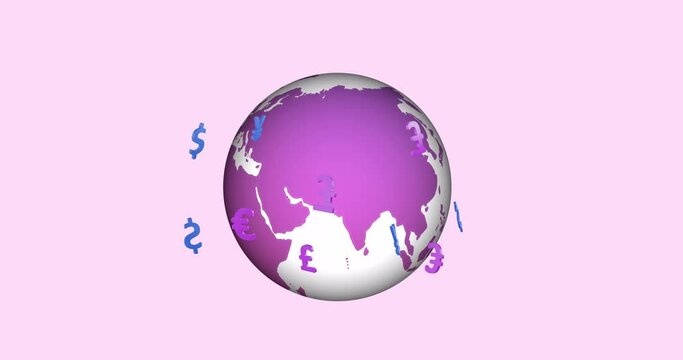 Animation of currency icons over globe on pink background