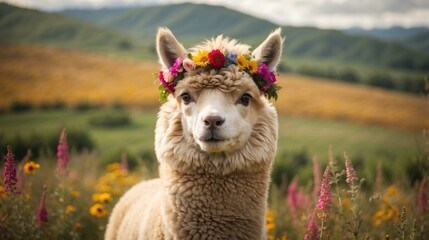 A llama with a flower crown on its head in a field. Generative AI.