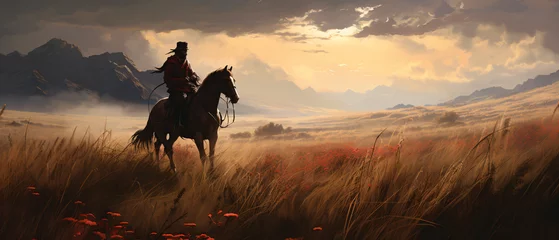 Poster A man riding a horse in the middle of tall grass AI .. © Jafger