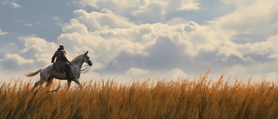 A man riding a horse in the middle of tall grass AI ..